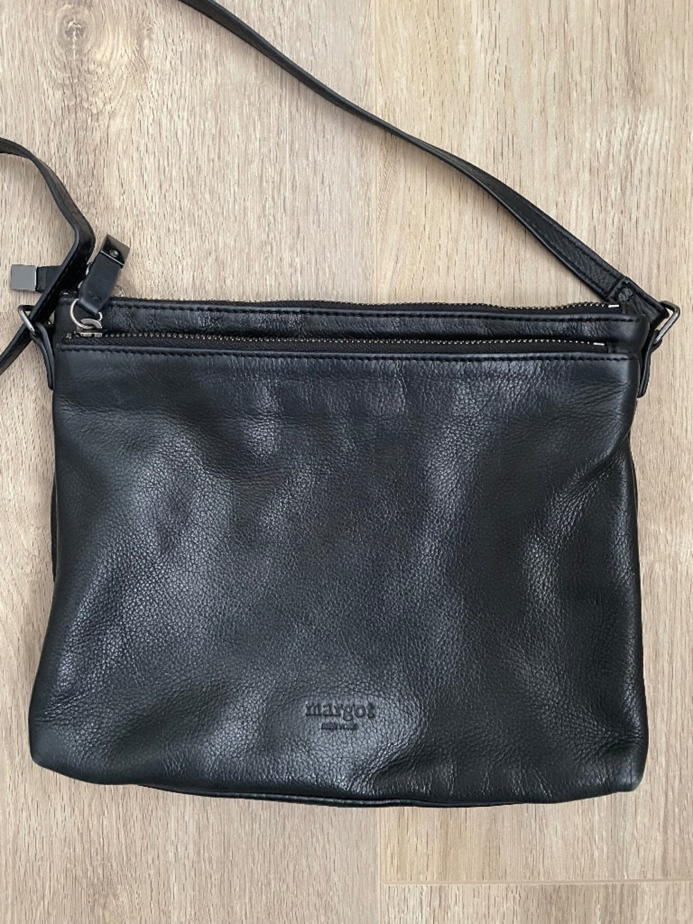 Margot New York Black Pebbled Leather Double Zip Crossbody Bag